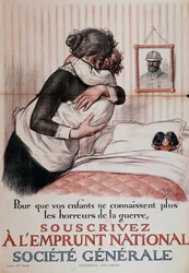 «Para que vuestros hijos ya no tengan que conocer los horrores de la guerra, suscribid el Empréstito Nacional», cartel de la Société Générale, 1917